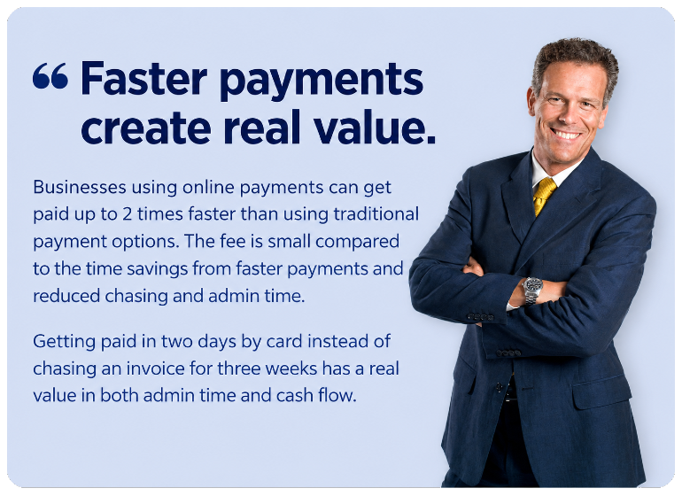 Satisfied businessman standing next to a quote